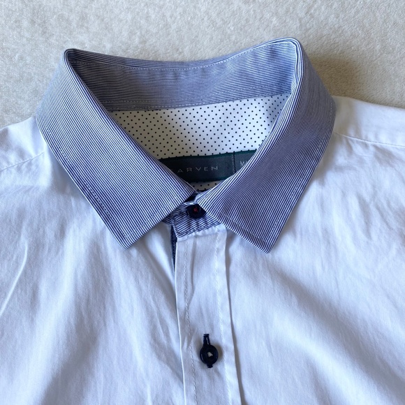 Carven Mens Button-Up Cotton Shirts Mens M White/Blue Striped cuffs - Picture 4 of 14